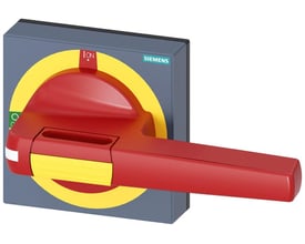 Siemens 8UD1 nødstopshåndtag med rød drejegreb, gul markering og grå maskeringsplade til positionerne 0-I.