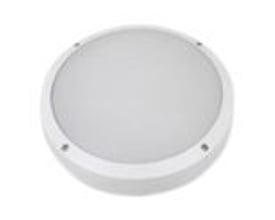Rund, hvid ACIS Totallys 6-18W-lampe med flad, lysende midte og bred kant set forfra.