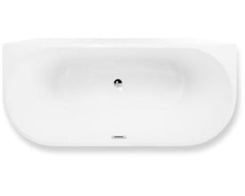 Oversigtsbillede af et hvidt akryl badekar i 'Back To Wall' design, 1700 mm langt, med synlig krom pop-up bundventil og overløb.