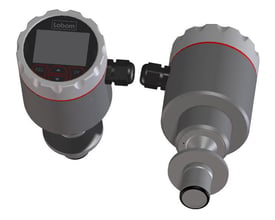 Siemens Pascal CI4 transmitter med bagudvendt tilslutning, display og M12 stik ses fra to vinkler, fremstillet af stål.
