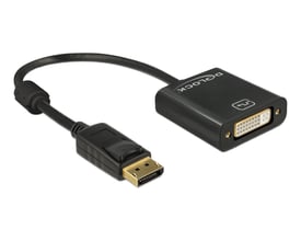 Sort DeLock DisplayPort 1.2-adapter til DVI, passiv og 4K-kompatibel, med kort kabel og synlige stik.