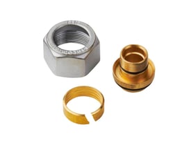 Roth omløbersæt til gulvvarmefordeler, 18 x 20/16 mm, med sølvfarvet omløbermøtrik og to guldfarvede dele.