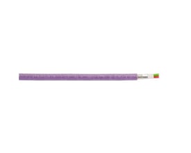 Violet Profibus L2 kabel med UL/CSA godkendelse, viser den ydre kappe med trykdetaljer og afskåret ende med grøn og rød leder.
