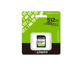 Kingston Canvas Select Plus G3 SDXC-hukommelseskort på 512 GB i grøn og sort emballage.