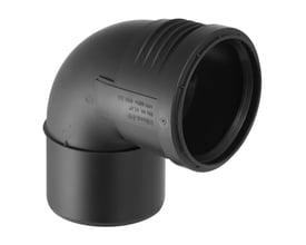 Geberit Silent PP bøjning 160 mm med 87,5 graders vinkel i sort PP-plast på hvid baggrund.