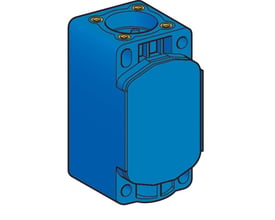 Illustration af Schneider Electric endestopkrop i blå plast med M-gevind udgang. Viser monteringshullerne på toppen.