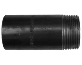 Indura svejsenippel, 3/4" x 100 mm, vist horisontalt med fokus på det udvendige gevind og den sorte ståloverflade.