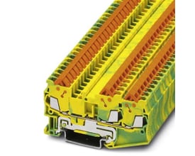 Nærbillede af Phoenix Contact jordklemme QTC 1,5-TWIN-PE, viser lyntilslutning og 3-vejs tilslutning i gul/grøn.