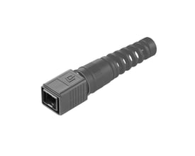 Weidmüllers tomme IP67-kabinet til Industrial Ethernet-stik ses skråt forfra med åbning og riflet kabelaflastning.