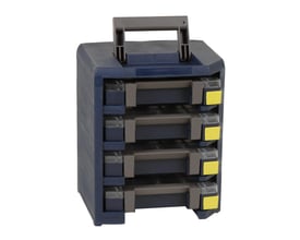 Raaco Handy Boxxser 4x4x4 sortimentskasse i mørkeblå med lukket top og udtrækkelige skuffer med gule mærkater.