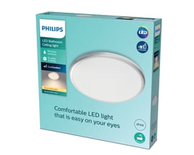 Philips Spray loftlampe i sølvfarvet papkasse med oplyst indhold, 12W LED, 2700K og IP44 klassificering.