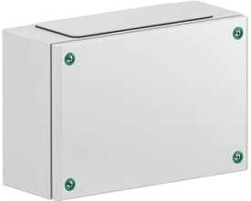 Schneider Electric klemkasse i metal, 200x200x120mm, RAL 7035 grå, med fire grønne skruer.