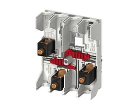 ABB Smissline ZLS924-3L-R enhed med tre sorte terminalblokke og en rød mekanisme, monteret på en hvid ramme.