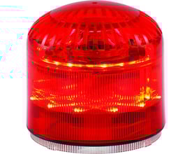 Sirena SIR-E-LED-MAX alarm- og blinklampe i skinnende rød med gule LED'er på en hvid baggrund.