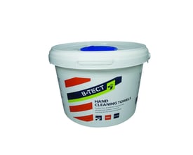 B-Tect håndrenseservietter i en hvid spand med blå låg, indeholdende 150 stk. til fedt- og snavsfjernelse.