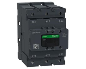 Schneider Electric 3-polet TeSys Deca Advanced kontaktor, model LC1D150A6, med 100-250V AC/DC spole og 1NO+1NC hjælpekontakter.