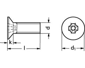 Teknisk tegning af M5X20 DIN 965/ISO 14581 A4 undersænket maskinskrue med pozi-drev og dimensioner angivet.