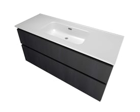 Sanibell Proline møbelsæt i sort eg med integrerede greb og to skuffer, 121x46 cm, hvid porcelænsvask uden hanehul.
