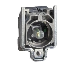 Schneider Electric ZB4 uni LED lampetrykkrop i hvid med 230V spænding og 1NO kontakttype, vist på hvid baggrund.