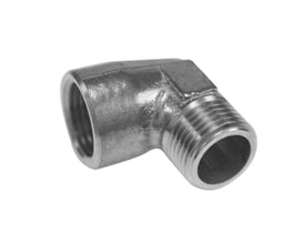 Unico 90° vinkel i forkromet messing med 3/8" muffe og nippel, set skråt med begge gevindender synlige.