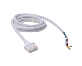 Danfoss kabel til ABNM A5, 1 meter, halogenfri (0-10V) i hvid, viser stikket og de afisolerede ender.