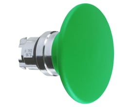 Schneider Electric paddetryk grøn, Ø60mm, med fjeder-retur og sølvfarvet monteringsbeslag.