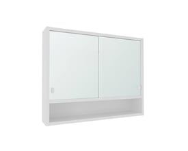 Hvidt Svedbergs-spejlskab på 65 x 52 x 13 cm med to spejllåger og en åben hylde nederst.