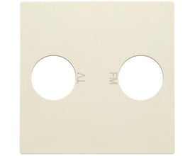 Niko afdækning til TV/FM antenneudtag i cremehvid, mærket med TV og FM symboler.