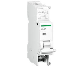 Schneider Electric Tripspole MX OF 48-130VAC vist fra siden, viser produktets hvide design og kontakter.