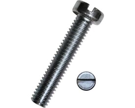 Dresselhaus maskinskrue M5/30 mm med cylindrisk hoved, lige kærv og elforzinket overflade. Viser skruen og et nærbillede af hovedet.