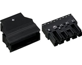 To sorte Wago hanstik på en hvid baggrund, hvoraf den ene har en kappe og mærkning for N, L1, L2 og L3.