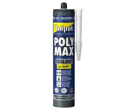 Unipak Poly Max hvid fugemasse på 400 g i en blå patron med en separat hvid påføringsdyse.