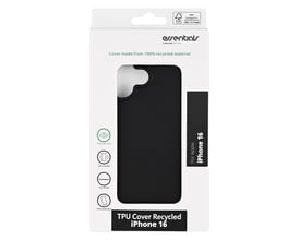 Emballage med sort TPU-bagcover til iPhone 16 synligt gennem vinduet og modelnavnet på forsiden.