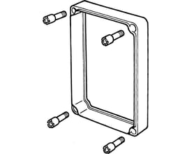 Illustration af Fibox mellemramme EKPZR med fire monteringsskruer, der viser tilbehør til installation.