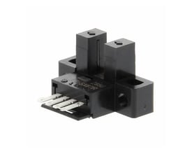 Omron EE-SX671A fotomikrosensor i L-form, sort plast, med NPN udgang og stikforbindelse, vist med slottet åbent.