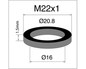 Målskitse af NEOPERL sort EPDM-gummipakning med M22x1-gevind og mål på 20,8 mm, 16 mm og 1,5 mm.