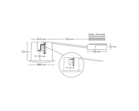 Teknisk tegning af Scan Products Luna Quick install 2.0 ISO downlight med mål og installationsdetaljer.