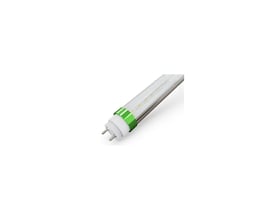 LEDlife T8-FOCUS150 LED-rør på 150 cm og 25 W ses skråt med hvid endekappe, grøn ring og to ben.