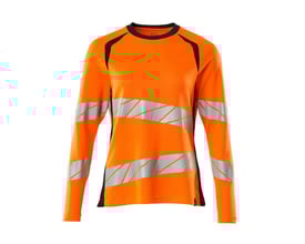 Mascot Hi-Vis langærmet dame T-shirt i orange med mørk marine detaljer, str. XL. Reflekserne er diagonalt placeret på krop og ærmer.