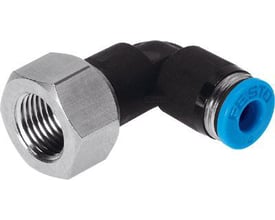 Festo QSLF-3/8-10-B vinkel-forskruning med 3/8 indvendigt gevind og 10 mm push-in tilslutning.