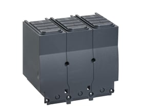 Schneider Electric 3-polet klemmeafdækning set fra siden, viser detaljer om montering og materiale.