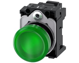 Siemens 22mm signallampe med rund grøn linse, metalhus og synlige fjederterminal-tilslutninger.
