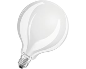 Detaljeret billede af Ledvance LED globe 95 mat lyskilde med E27 fatning og synligt logo.
