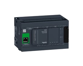 Schneider Electric Modicon M241 PLC TM241CE24U Tr OUT Sink med 14 digitale indgange og 4 PNP digitale udgange, 230V, på hvid baggrund.