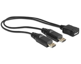 Sort DeLock USB-splitterkabel på 20 cm med ét Micro-B-hunstik og to Micro-B-hanstik, vist udfoldet.