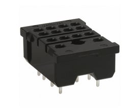 Omron stik PY14-02, et 14-polet printkortterminalstik med 14 runde monteringshuller i sort plast med metaltænder.