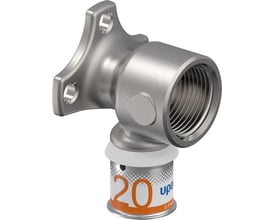 Uponor Smart Aqua dækvinkel 20 x 3/4" i sølvgråt metaludseende, set skråt med gevindåbning og to montagehuller.