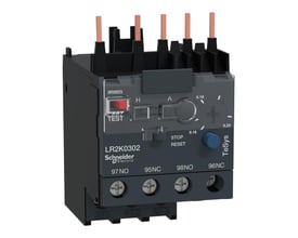 Schneider Electric TeSys K termorelæ LR2K0302 med justeringsområde 0,16-0,23 A og klasse 10A, vist med STOP/RESET knap.