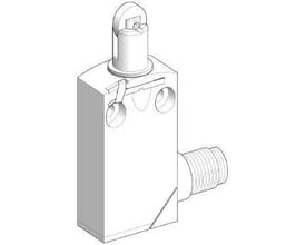 Tegning af Schneider Electric XCMD endestop, viser dens kubeformede krop og rulle-stempel mekanisme.