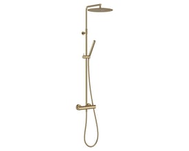 Damixa Iris brusesystem med termostat, rund hovedbruser og håndbruser i børstet bronze, vist forfra.